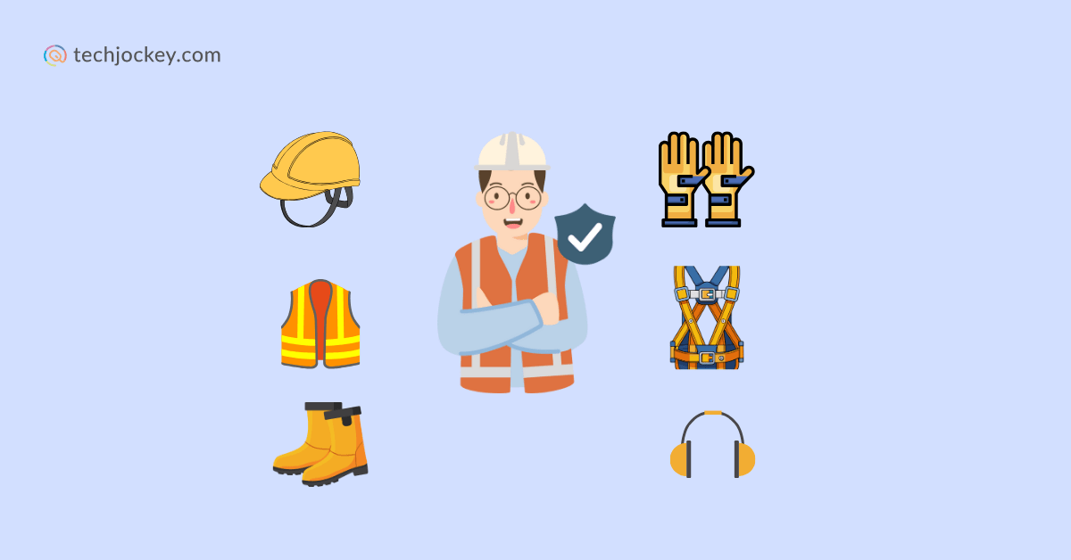 An illustration showing a construction worker wearing safety gear, surrounded by icons of essential personal protective SafeSite AI Safety Monitoring equipment (PPE) such as a hard hat, safety vest, work boots, gloves, safety harness, and ear protection, with a techjockey.com logo in the corner.
