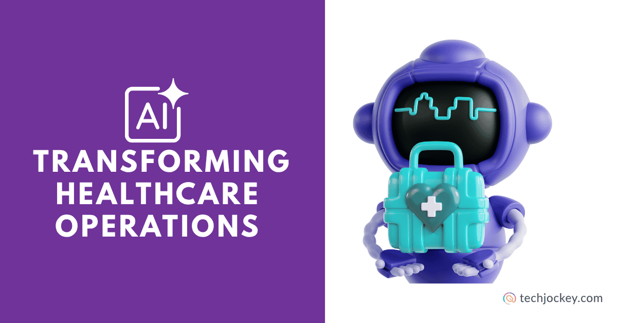 AI-powered robot carrying a medical kit with a heart symbol on a purple background, representing how MediVision healthcare uses AI to enhance hospital safety, staff efficiency, and workflow management.