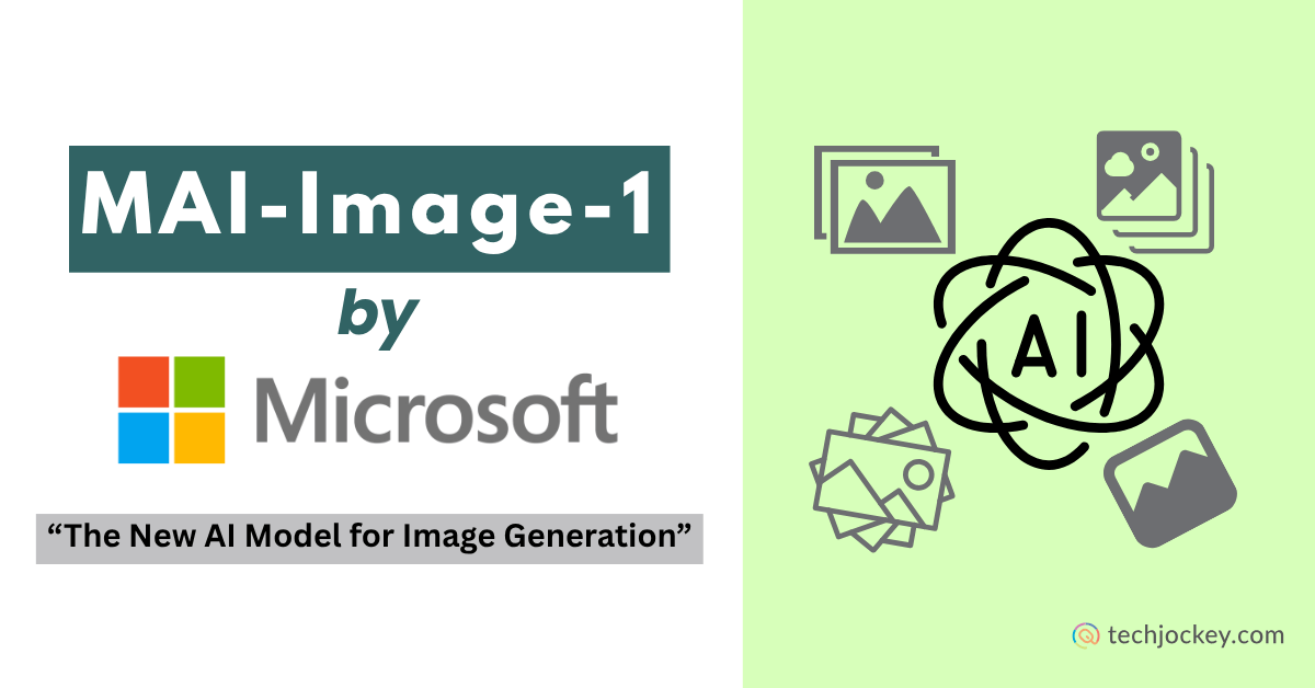 Promotional graphic for MAI-Image-1 by Microsoft, showing the Microsoft logo, descriptive tagline about new AI image generation model, and artistic icons of images and the AI logo on a light green background with techjockey.com watermark.