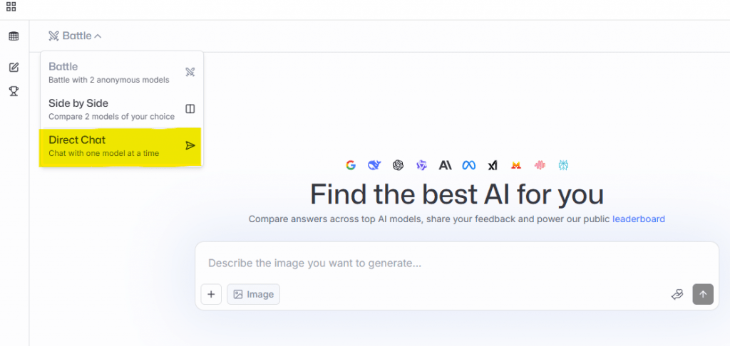 Screenshot showing an AI website with a drop-down menu for selecting chat modes; Direct Chat option is highlighted in yellow, and the page displays Find the best AI for you with model icons