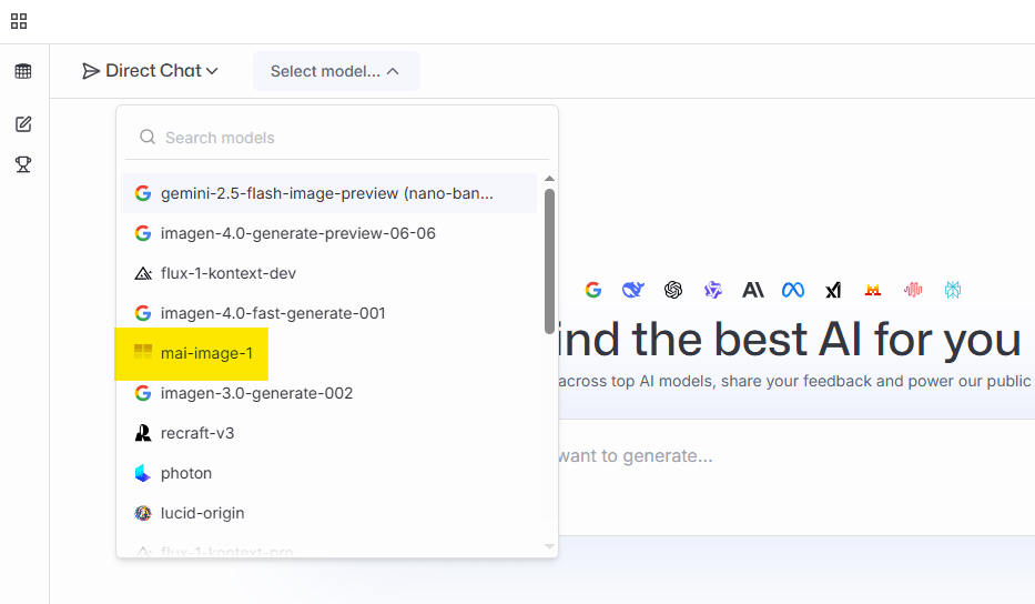 Screenshot of an AI platform with a Direct Chat drop-down menu and a model selection window; mai-image-1 option is highlighted in yellow, and the background shows the "Find the best AI for you" section.
