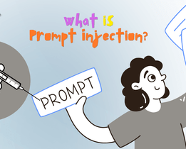 An illustrated graphic explaining prompt injection, featuring a syringe labeled PROMPT being held by a hand, a cartoon person holding prompt cards, and colorful text saying what is prompt injection? at the top. The source techjockey.com is present in the corner.