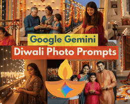 A collage of Diwali celebration scenes showing families and individuals lighting diyas, decorating with marigold garlands and string lights, exchanging sweets, and celebrating together, featuring the text