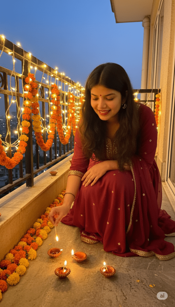 A woman in a maroon festive outfit lighting clay oil lamps (diyas) along a balcony decorated with marigold garlands and string lights as the cityscape glows softly at dusk.