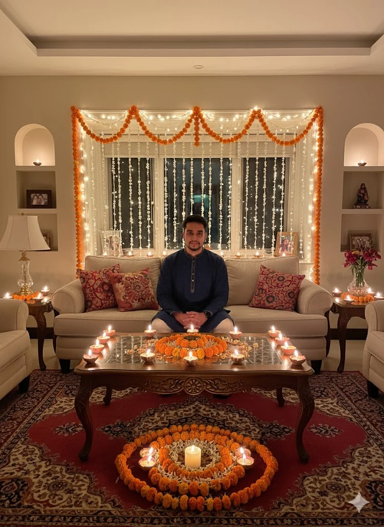 A man in a blue kurta sitting cross-legged on a sofa in a warmly decorated living room adorned with marigold flowers, string lights, and lit candles, creating a cozy Diwali ambiance.