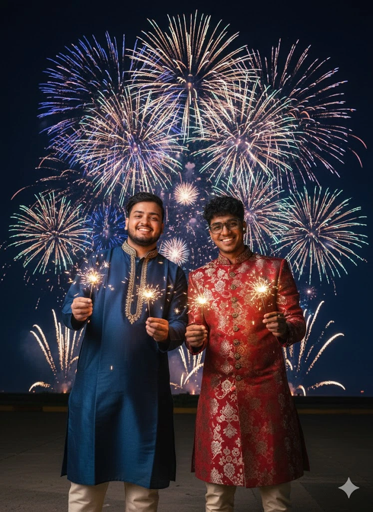 wo men in traditional Indian festive attire smiling and holding sparklers with a vibrant fireworks display lighting up the night sky behind them during a celebration.
