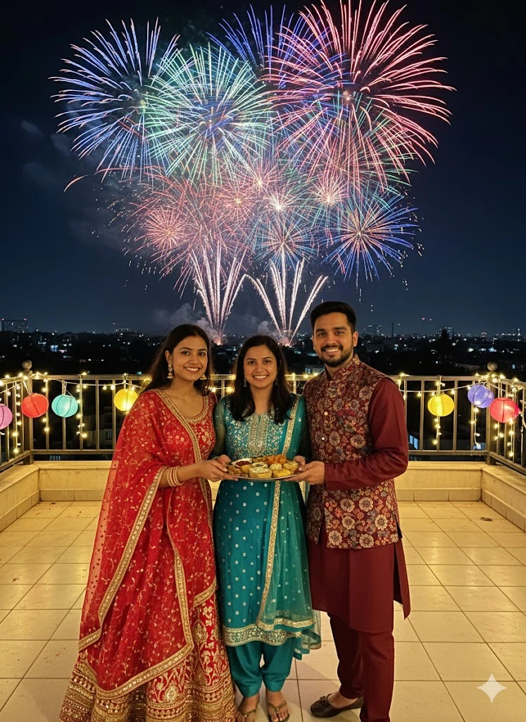 Three people dressed in colorful Indian ethnic clothing standing on a terrace with illuminated lanterns, holding a tray of sweets with bright fireworks lighting up the night skyline in the background