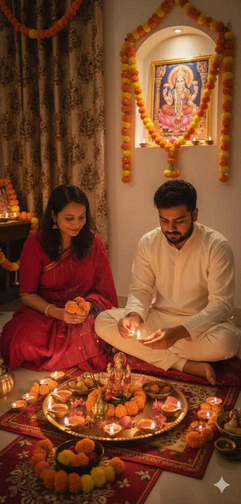 A man in white and a woman in a red saree are performing a Diwali pooja together indoors, seated in front of a decorated shrine with marigold garlands, lit diyas, and offerings, under a framed image of Lord Ganesha