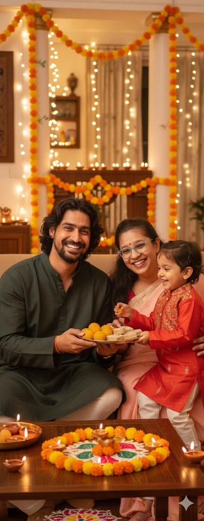 A young family in traditional clothing shares Diwali sweets on a sofa in a warmly lit living room adorned with marigold garlands, fairy lights, diyas, and a decorative rangoli on the table