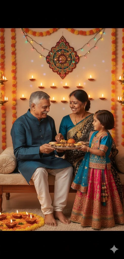 An elder man, woman, and young girl dressed in elegant ethnic wear celebrate Diwali at home, holding plates of festive sweets in front of a wall decorated with candles, marigold garlands, fairy lights, and a large colorful rangoli.