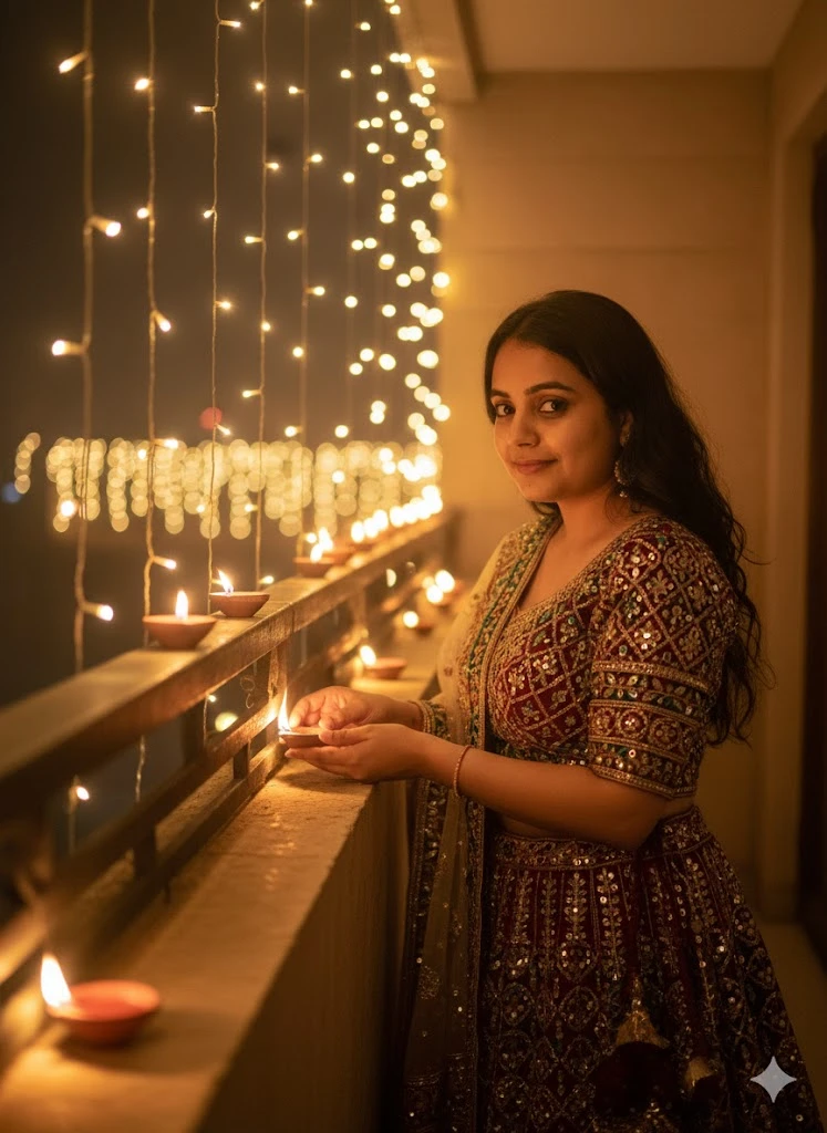 A woman in a glittery ethnic dress lights clay oil lamps on a balcony railing adorned with glowing string lights, enjoying the festive nighttime ambiance during Diwali.