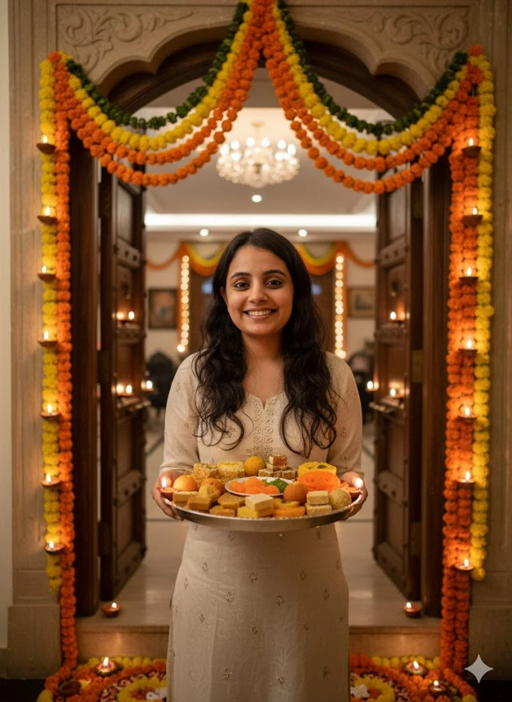 A woman in a cream ethnic dress stands at a festively decorated doorway with marigold garlands, holding a large plate filled with various Indian sweets, surrounded by small lit diyas.