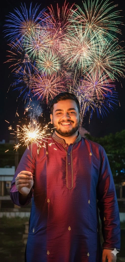A man wearing a deep blue and purple kurta holds a sparkler, with colorful fireworks exploding in the night sky behind him.