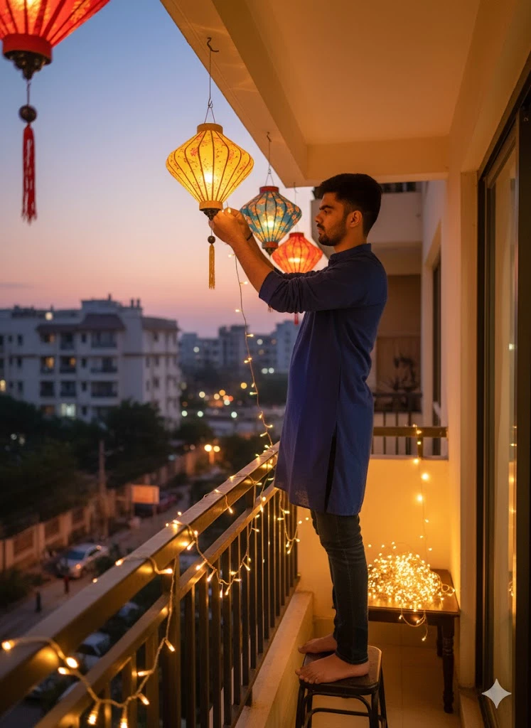 A young man stands barefoot on a stool on a balcony at dusk, hanging vibrant paper lanterns as string lights illuminate the scene and cityscape forms the backdrop.