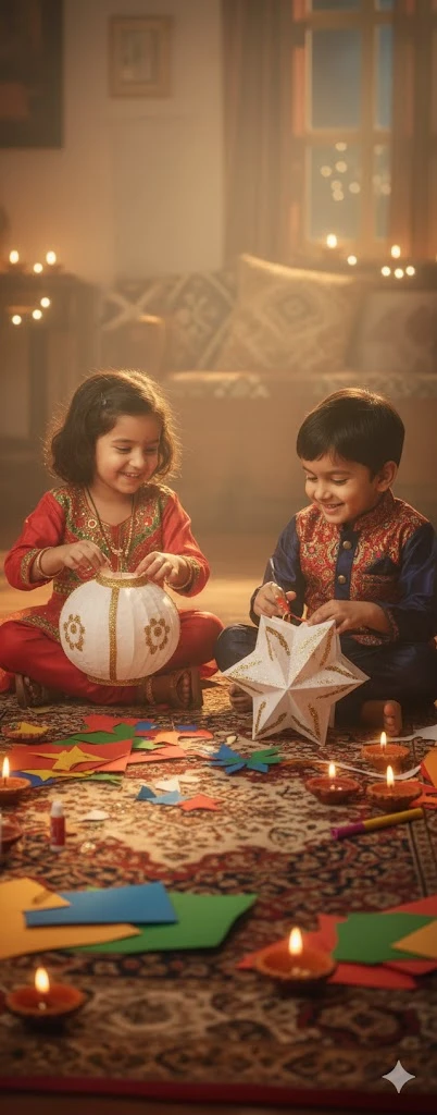 Two children dressed in traditional Indian attire sit on a rug, surrounded by craft supplies and lit diyas, making decorative lanterns during Diwali celebrations.
