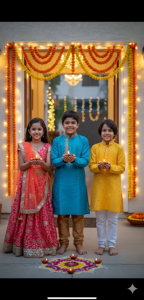 Three children in bright Indian traditional outfits stand in front of a doorway decorated with marigold garlands and lights, holding diyas with a colorful rangoli design at their feet.