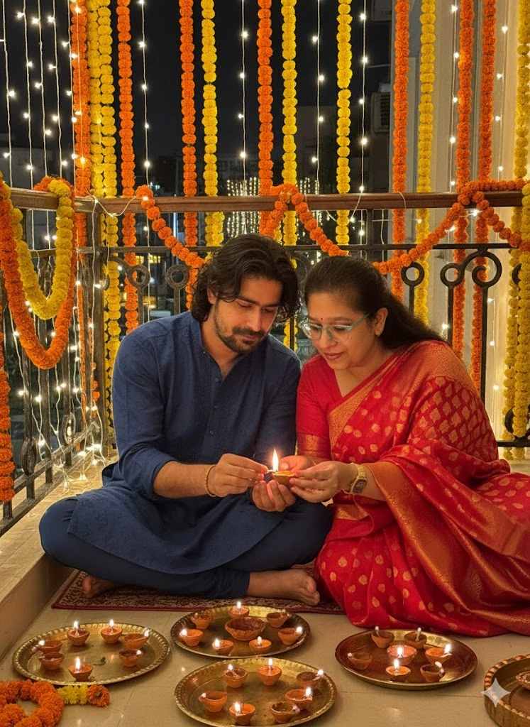 A man and woman sit closely on a balcony beautifully decorated with marigold strings and fairy lights, lighting rows of diyas arranged in brass plates during Diwali night.