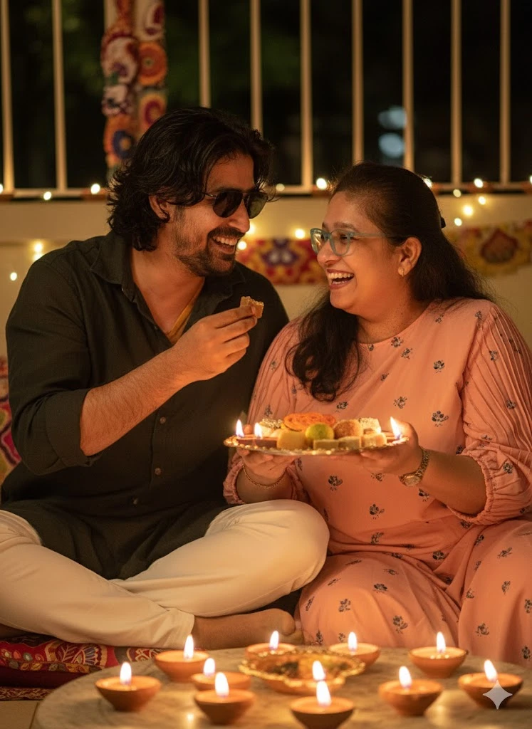 A man and woman sit together on a balcony adorned with fairy lights and diyas, the woman holding a plate of assorted Indian sweets as the man offers her one.