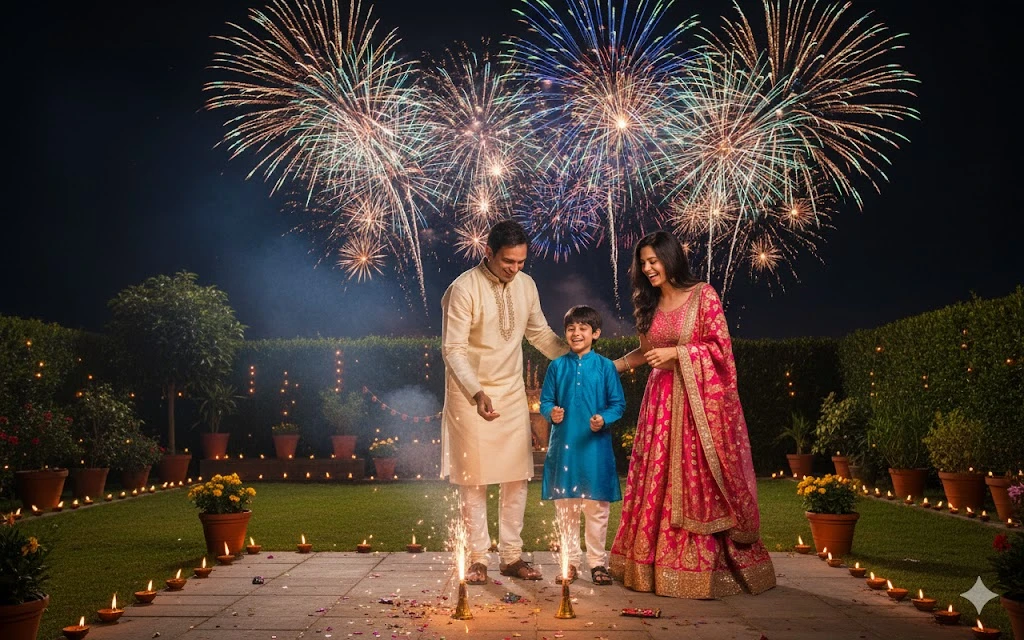 A family of three, dressed in traditional Indian attire, watches fireworks light up the night sky in a garden decorated with candles and potted plants. The parents stand on either side of their young child as they celebrate a festive occasion, possibly Diwali.