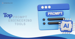 A 3D-style illustration with the text Top Prompt Engineering Tools on a blue gradient background. The image features a blue web browser window labeled PROMPT and a microchip labeled AI in the lower right, with the techjockey.com logo in the upper left.