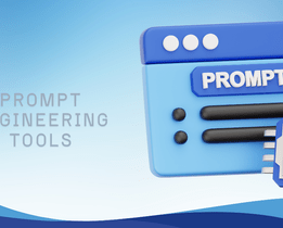 A 3D-style illustration with the text Top Prompt Engineering Tools on a blue gradient background. The image features a blue web browser window labeled PROMPT and a microchip labeled AI in the lower right, with the techjockey.com logo in the upper left.