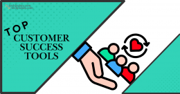 Illustration showing a hand supporting three people with a heart icon, symbolizing customer care and loyalty, alongside text reading Top Customer Success Tools and the Techjockey.com logo.