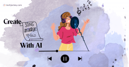 An illustrated image depicting a woman wearing headphones and singing into a microphone with a music sheet labeled Song and musical notes around her, alongside the text Create With AI and a stylized audio player bar.
