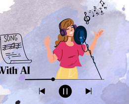 An illustrated image depicting a woman wearing headphones and singing into a microphone with a music sheet labeled Song and musical notes around her, alongside the text Create With AI and a stylized audio player bar.