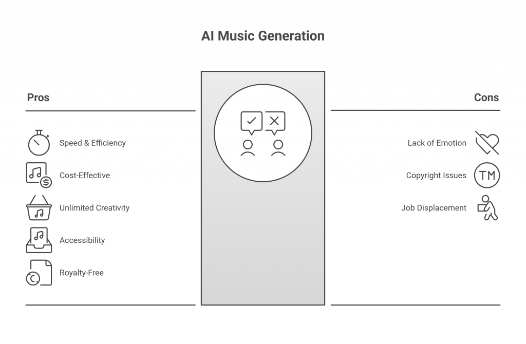 Comparison chart showing pros and cons of AI music generation, highlighting benefits like speed, creativity, and accessibility, and drawbacks like lack of emotion and copyright issues.