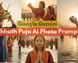 A collage featuring multiple scenes of Chhath Puja rituals by the river, with men and women in traditional attire offering prayers, holding baskets of fruits and offerings, and pouring water to the setting sun, overlaid with the text Google Gemini Chhath Puja AI Photo Prompts and the TechJockey.com logo.