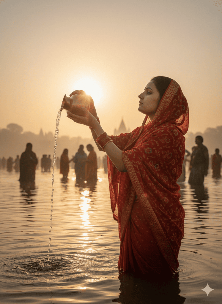 A woman in a red saree stands alone knee-deep in a river during Chhath Puja, pouring water from a brass vessel with the rising sun in the background and devotees around her.
