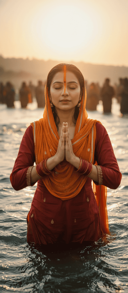 A woman dressed in a maroon and orange salwar suit folds her hands in prayer while standing in knee-deep water, sunlight shining over her head during Chhath Puja with devotees in the background.