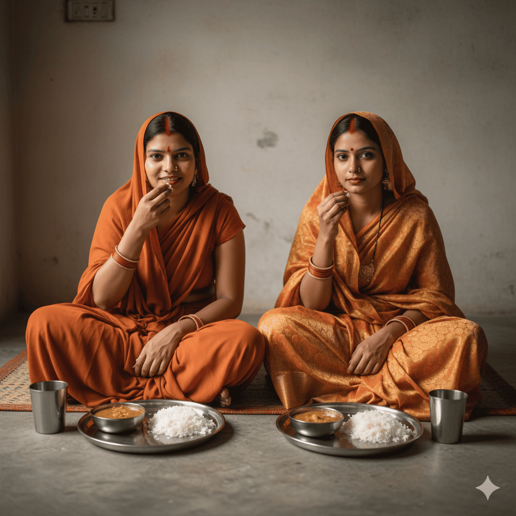 Two women in orange sarees sit on a mat inside a simple room, eating from plates of rice and curry during the Nahaye Khaye ritual of Chhath Puja, with metal cups placed beside them.