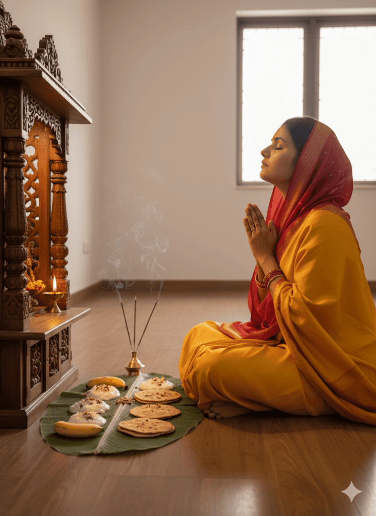 A woman in a yellow saree with a red veil sits cross-legged indoors in front of a decorated wooden temple, hands joined in prayer, with Prasad, bananas, and incense placed on a banana leaf mat on the floor.