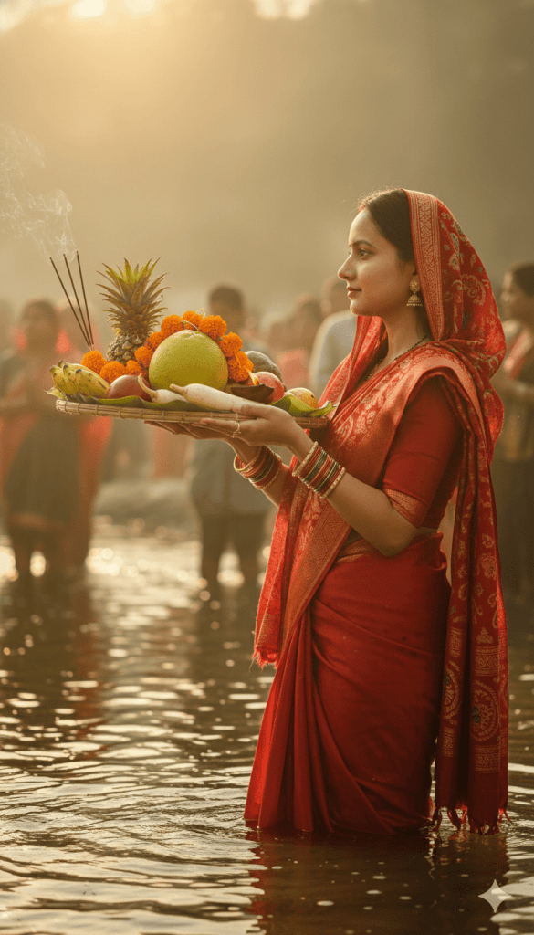 A woman in a red saree kneels in river water at sunrise, holding a puja basket filled with fruits, flowers, and incense sticks during Chhath Puja, with a blurred crowd in the background.