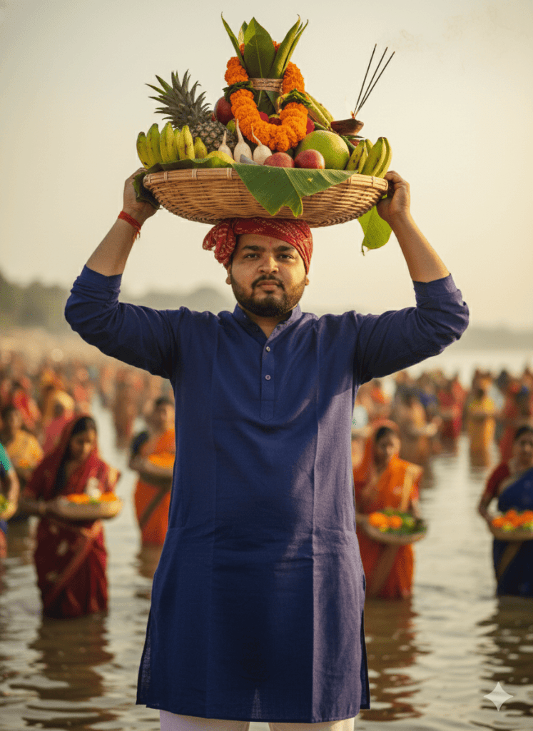 A man in a blue kurta with a red headscarf holds a large puja basket loaded with fruits and offerings on his head amid a crowd of devotees in the river during Chhath Puja.