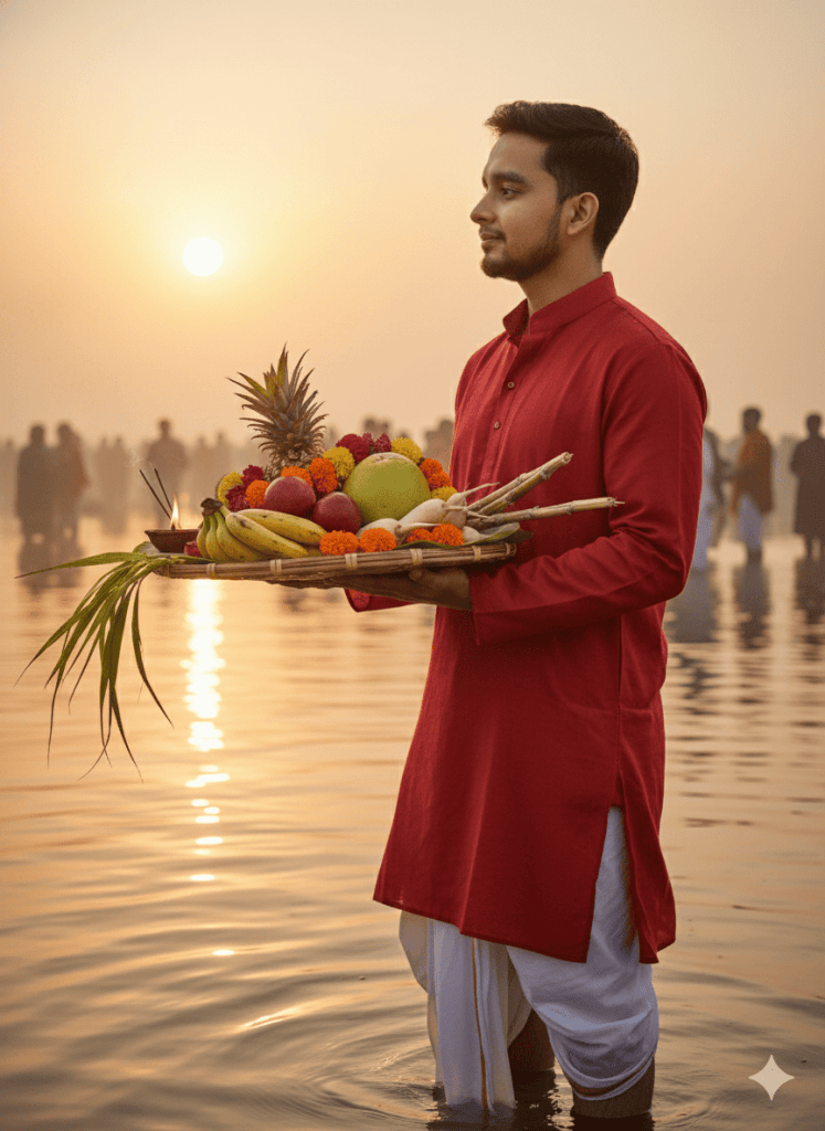 A man stands knee-deep in water during sunrise, wearing a red kurta and white dhoti, holding a large Chhath Puja basket filled with fruits, sugarcane, and marigold flowers, with people and sunlight reflected in the water.