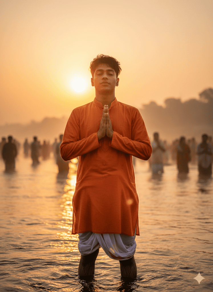 A man in an orange kurta stands with folded hands in a prayer posture, submerged knee-deep in river water during Chhath Puja at sunrise, with other devotees blurred in the background.