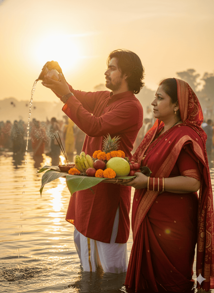 A couple stands in waist-deep water at sunrise during Chhath Puja, dressed in red traditional clothing, holding a prayer basket filled with fruits and flowers, as the man pours water towards the sun.