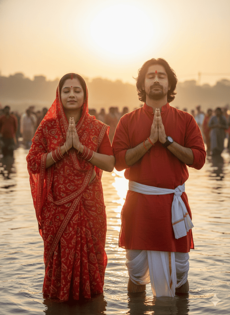 A man and woman, both in red traditional Chhath Puja attire, stand side by side with folded hands in prayer in a river during sunset, surrounded by a crowd of devotees.