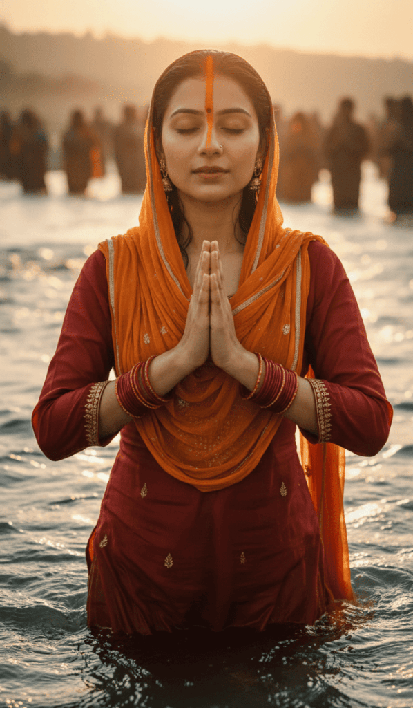 A woman dressed in a maroon and orange salwar suit folds her hands in prayer while standing in knee deep water, sunlight shining over her head during Chhath Puja with devotees in the background.