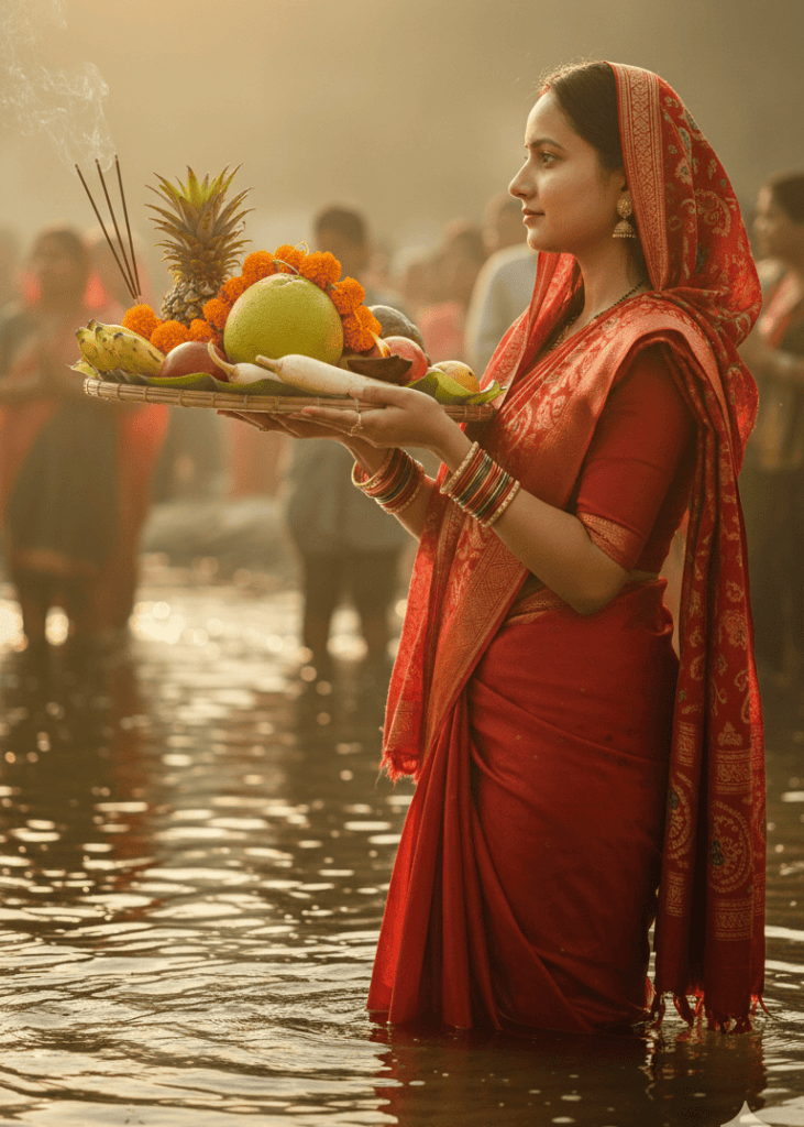 A woman in a red saree kneels in river water at sunrise, holding a puja basket filled with fruits, flowers, and incense sticks during Chhath Puja, with a blurred crowd in the background.