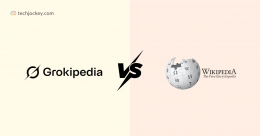 An illustrated comparison image showing the logos of Grokipedia and Wikipedia side by side, with Grokipedia on a light yellow background and the Wikipedia globe logo with Wikipedia: The Free Encyclopedia on a light peach background, separated by a bold VS in the center. The techjockey.com logo appears in the top left corner.