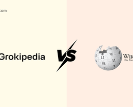 An illustrated comparison image showing the logos of Grokipedia and Wikipedia side by side, with Grokipedia on a light yellow background and the Wikipedia globe logo with Wikipedia: The Free Encyclopedia on a light peach background, separated by a bold VS in the center. The techjockey.com logo appears in the top left corner.