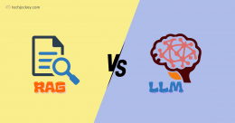 Illustration showing RAG vs LLM comparison RAG represented by a document with magnifying glass and LLM by a brain icon symbolizing AI model differences