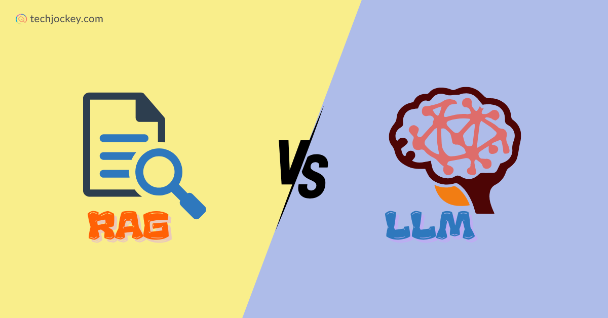 Illustration showing RAG vs LLM comparison RAG represented by a document with magnifying glass and LLM by a brain icon symbolizing AI model differences