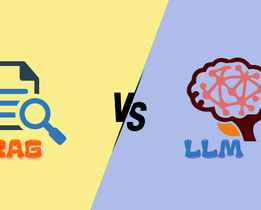 Illustration showing RAG vs LLM comparison RAG represented by a document with magnifying glass and LLM by a brain icon symbolizing AI model differences