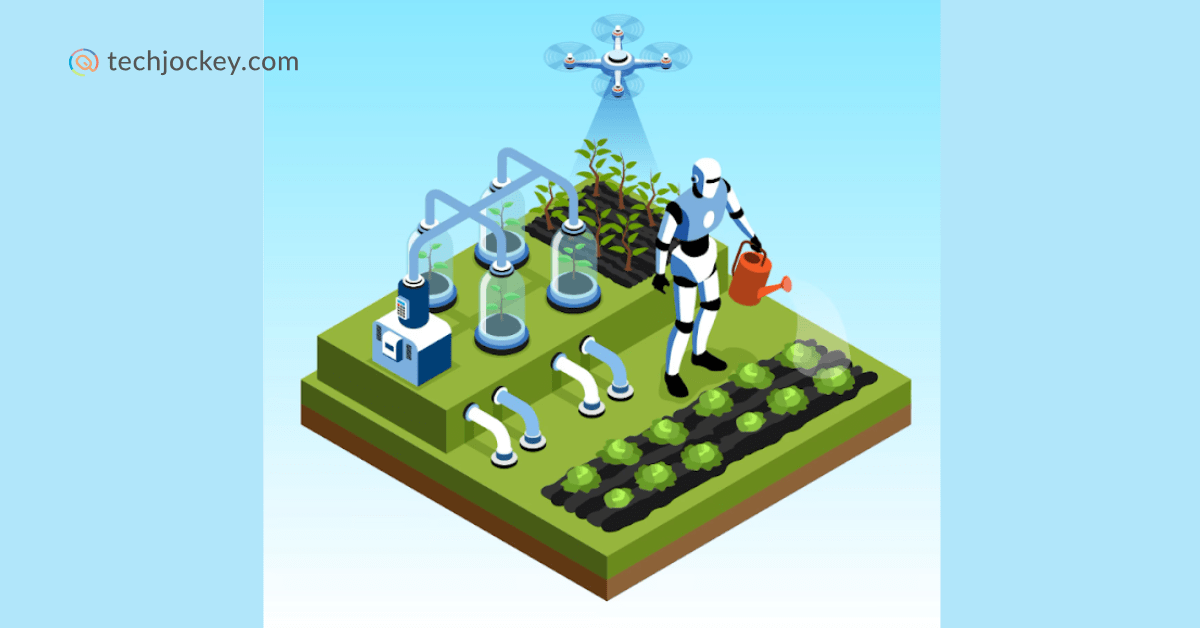 AI-powered agriculture automation with a robot watering crops, smart irrigation system, and drone monitoring plant growth Techjockey.com