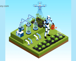 AI-powered agriculture automation with a robot watering crops, smart irrigation system, and drone monitoring plant growth Techjockey.com