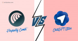 A split-image comparison graphic showing the logos of Perplexity Comet (left, with a stylized wave icon) and ChatGPT Atlas (right, with a layered, flower-like blue icon with a white arrow), separated by a bold VS in the center; the brands' names are written below their logos in blue script font, with a light pink background.